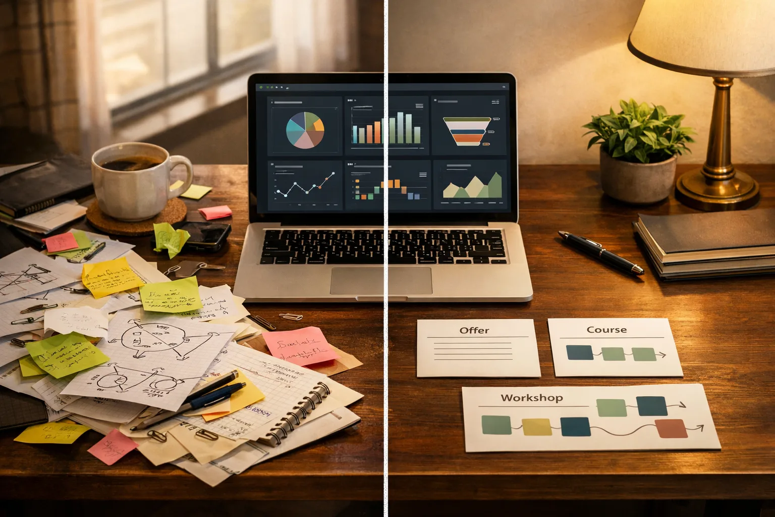 AI training and offer workflow cards on a warm operator desk