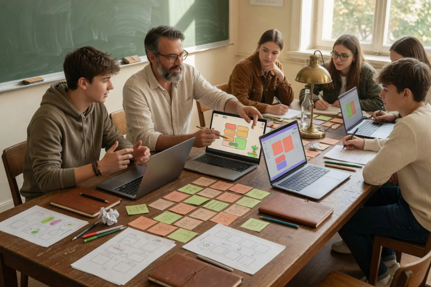 A teen AI app workshop table with laptops, notes, and app planning cards