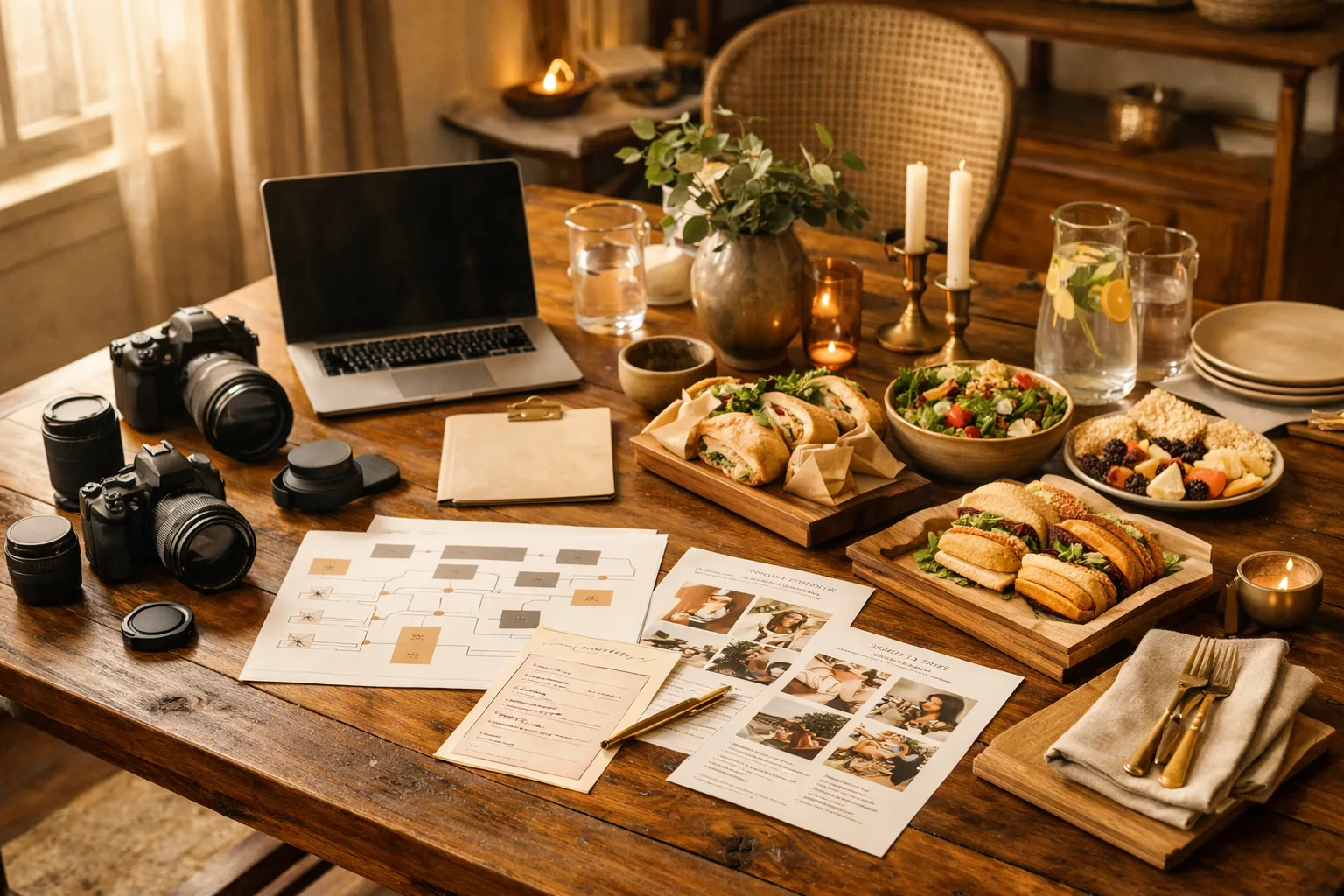 Cameras, notebooks, and workshop planning materials for a premium photography business class